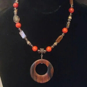 Wood Jasper Glass Sterling Leaf shaped bead necklace 18" #bundlefive